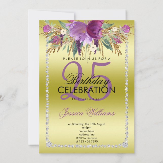 Classy Diamond Glitter Watercolor Flowers Birthday Inbjudningar (Framsida)