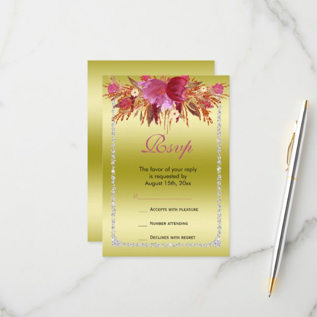 Classy Diamond Glitter Watercolor Flowers Birthday OSA Kort (Fram/Back In Situ)