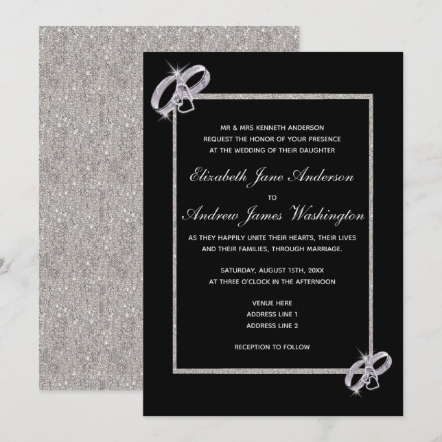 Classy Diamond Silver Bröllop Ringar Bröllop Inbjudningar (Fram/baksida)