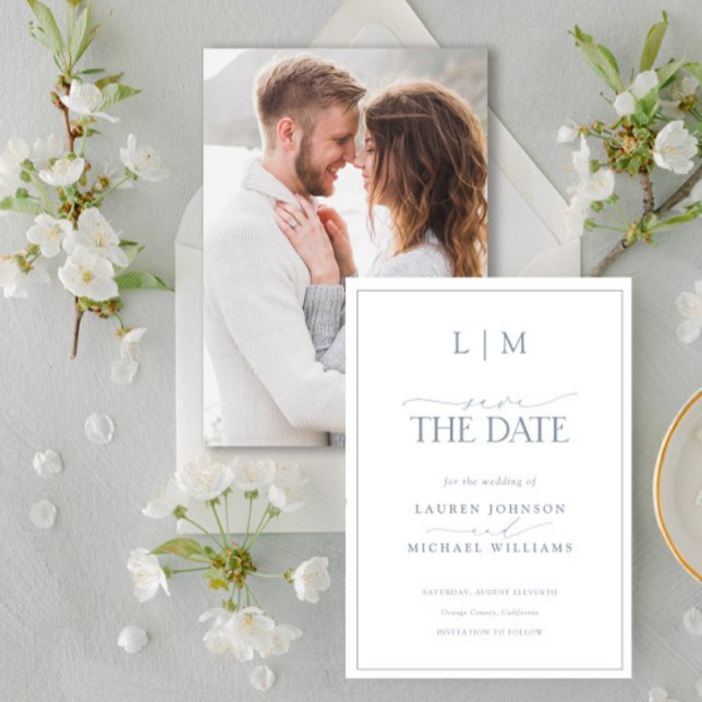 Classy Dusty Blue Elegant Monogram Photo Bröllop Spara Datumet (Save the Date Invitation!)