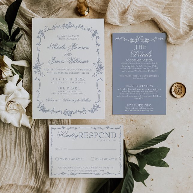 Classy Dusty Blue Floral Boho Botanical Wedding Inbjudningar (Skapare uppladdad)