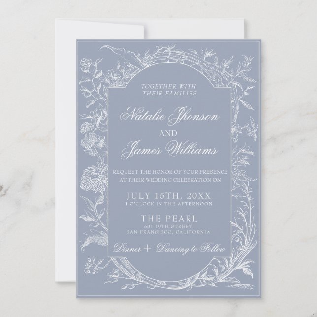 Classy Dusty Blue Floral Boho Botanical Wedding  Inbjudningar (Framsida)
