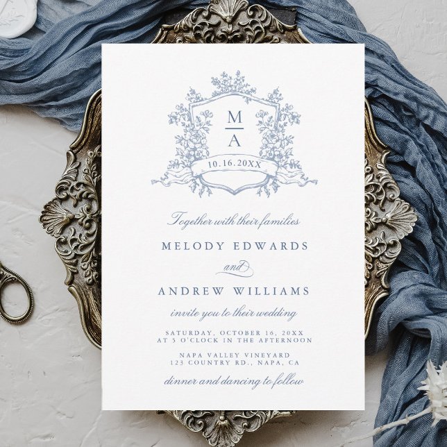 Classy Dusty Blue Floral Crest Wedding Inbjudningar (Skapare uppladdad)