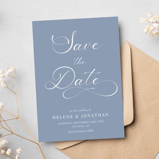 Classy Dusty Blue Minimalist Elegant bröllop Spara Datumet (Classy Dusty Blue Minimalist Elegant Wedding Save The Date)