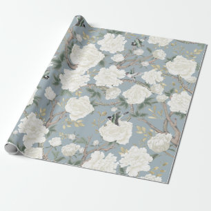 Classy Dusty Blue White Chinoiserie Flowers Birds Presentpapper
