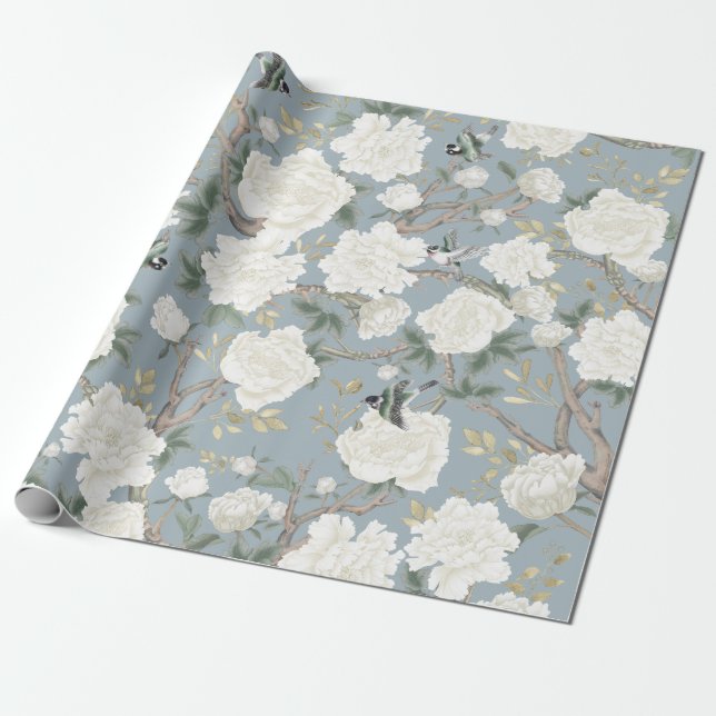 Classy Dusty Blue White Chinoiserie Flowers Birds Presentpapper (Utrullad)