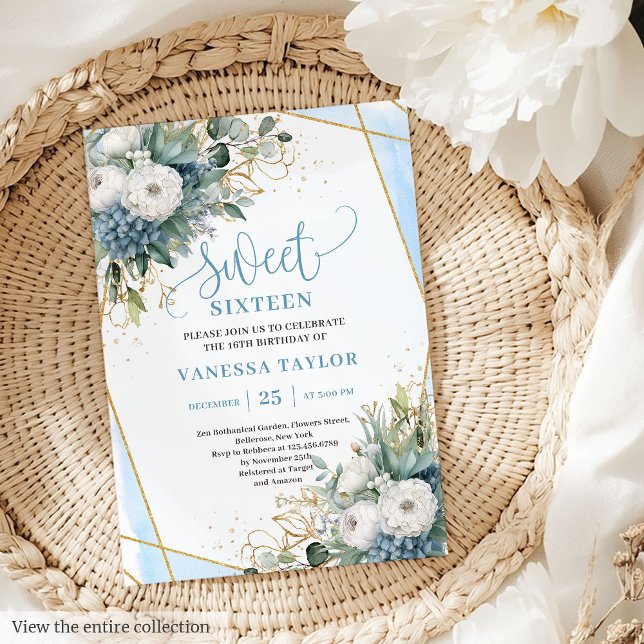Classy Dusty Blue White Peonies Sweet 16 Inbjudan (Classy Dusty Blue White Peonies Sweet 16 Invitation)