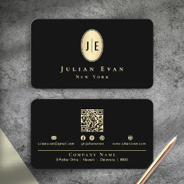 Classy Elegant Black & Gold Shiny Oval Monogram Visitkort