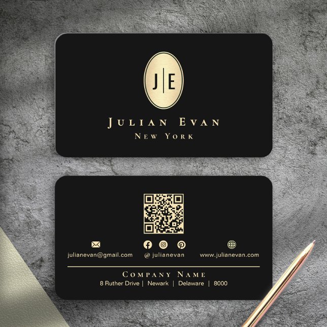 Classy Elegant Black & Gold Shiny Oval Monogram Visitkort (Classy Elegant Black & Gold Shiny Oval Monogram Business Card)