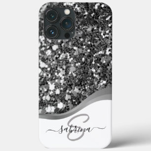 Classy Elegant Black Silver Glitter Monogram Namn