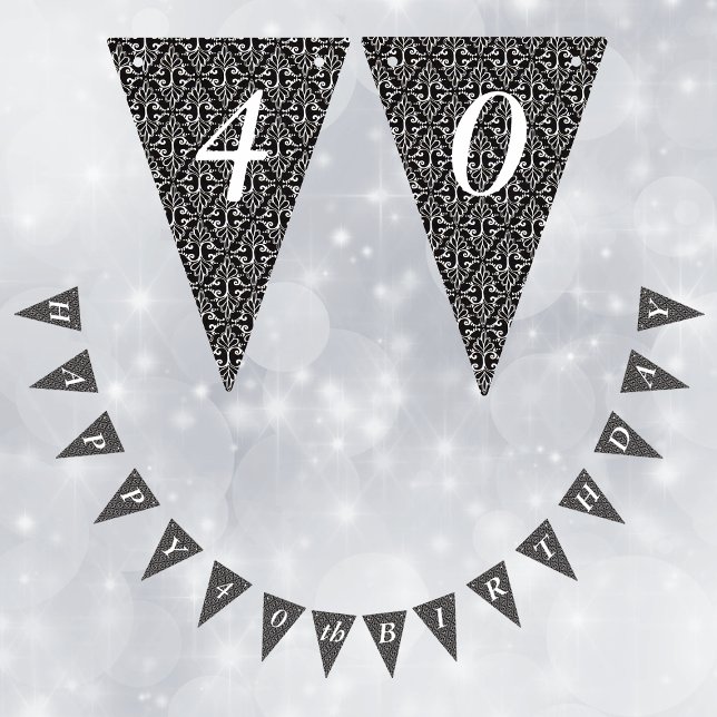Classy Elegant Black White Birthday Damask Vimplar (Elegant damask pattern with scrolls black and white on Happy Birthday bunting flag party banner.)