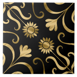 Classy Elegant Blommigt Damask Black Guld Solros Kakelplatta