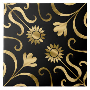 Classy Elegant Blommigt Damask Black Guld Solros Kakelplatta