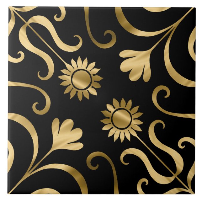 Classy Elegant Blommigt Damask Black Guld Solros Kakelplatta (Framsidan)