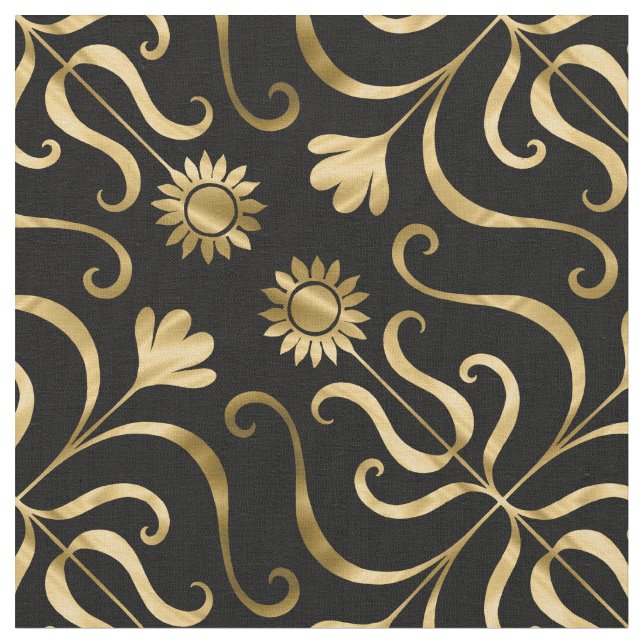 Classy Elegant Blommigt Damask Black Guld Solros Tyg (Närbild)