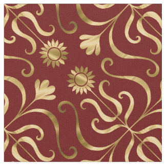 Classy Elegant Blommigt Damask Red & Guld Solros Tyg