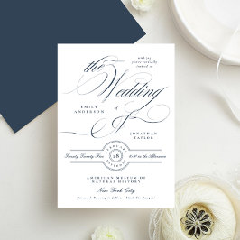 Classy Elegant Calligraphy Navy Blue Bröllop Inbjudningar