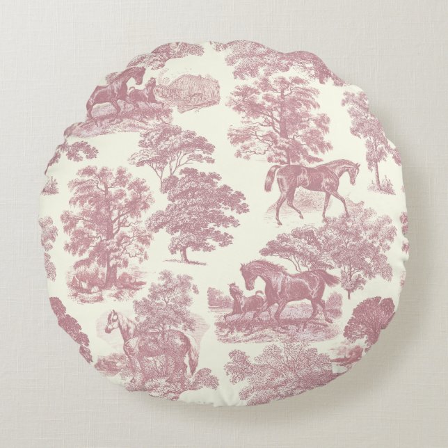 Classy Elegant Chic Rosa Horses Land Toile Rund Kudde (Framsidan)