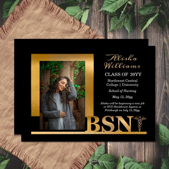 Classy Elegant Guld BSN Caduceus 1 Photo Black Meddelande (Classy Elegant "BSN" Gold Tone | Black Caduceus Photo Graduation Announcement - Print | Download)