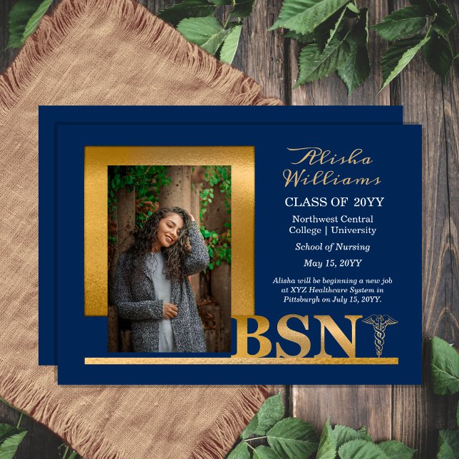 Classy Elegant Guld BSN Caduceus 1 Photo Dk Blue Meddelande (Classy Elegant Gold Tone Caduceus and Blue One Photo Blue "BSN" Nurse Graduation Announcement )