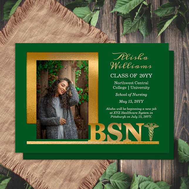 Classy Elegant Guld BSN Caduceus Photo Dk Grönt Meddelande (Elegant Classy Gold Tone BSN Caduceus Photo Dark Green Graduation Announcement - Print | Digital )