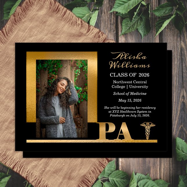 Classy Elegant Guld PA Caduceus 1 Photo Black Grad Meddelande (Elegant Classy Gold Tone PA Caduceus Physician's Assistant 1 Photo Black Grad Announcement)