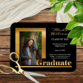 Classy Elegant Guld Text Student 1 Photo Black Magnet