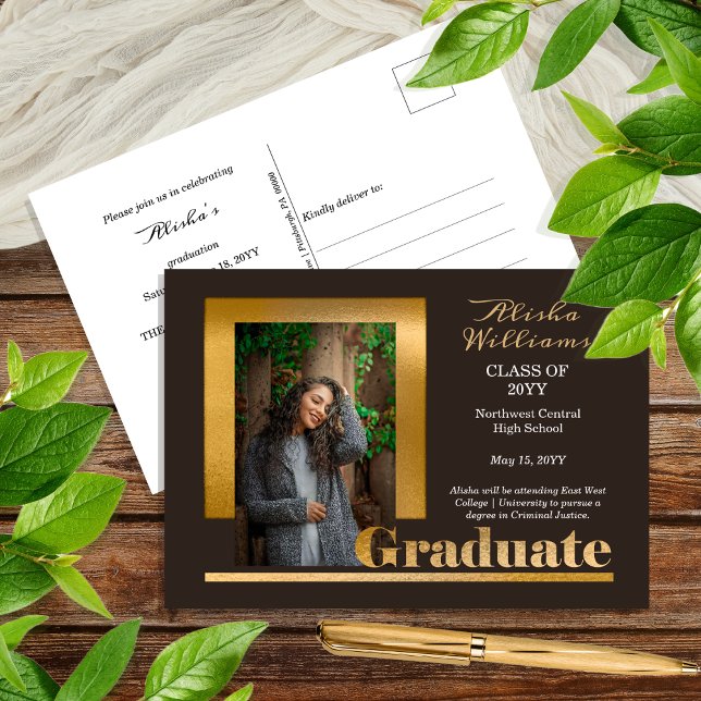 Classy Elegant Guld Text Student 1 Photo Brown Vykort (Classy Elegant Gold Tone Text  "Graduate" One Photo Brown Postcard Announcement)
