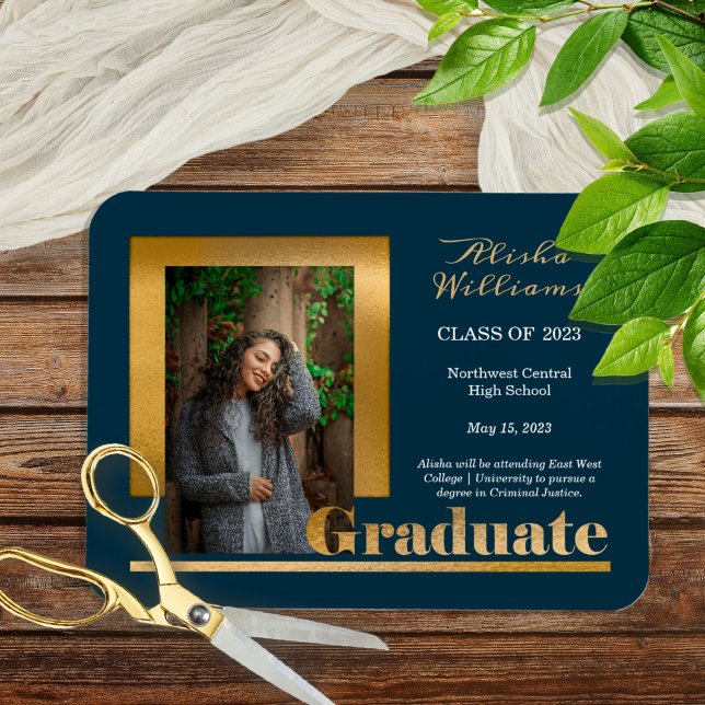 Classy Elegant Guld Text Student 1 Photo Dk Teal Magnet (Skapare uppladdad)