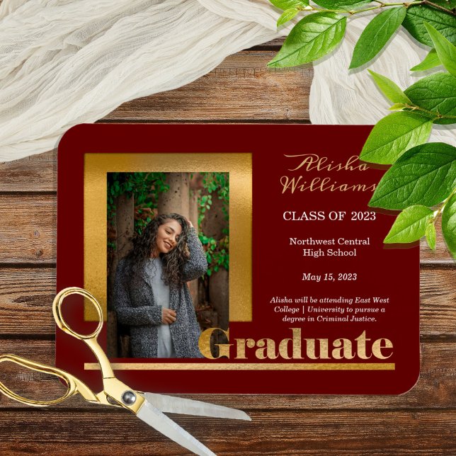 Classy Elegant Guld Text Student 1 Photo Maroon Magnet (Skapare uppladdad)