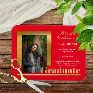 Classy Elegant Guld Text Student 1 Photo Red Magnet