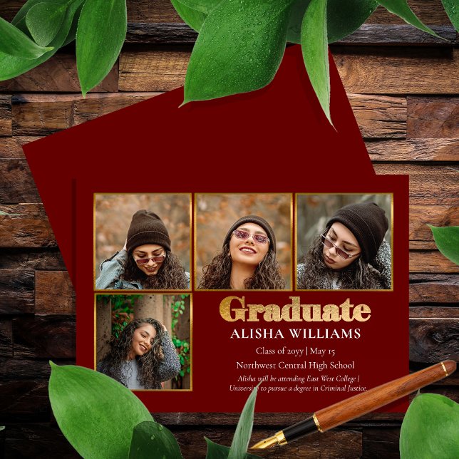 Classy Elegant Guld Text Student 4 Photo Meddelande (Classy Elegant Gold Tone Text "Graduate" 4 Photo Graduation Announcement -- Print | Digital Download)