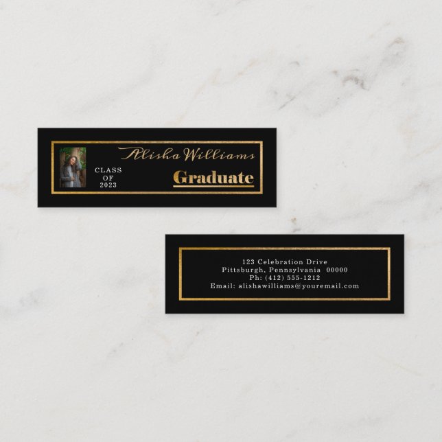 Classy Elegant Guld Text Student Photo Black Mini Visitkort (Fram/baksida)