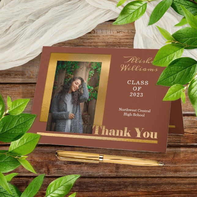 Classy Elegant Guld Text Student Photo Terracotta Tack Kort (Elegant and Modern Terracotta and Gold Tone One Photo Graduation Thank You Folded Card)