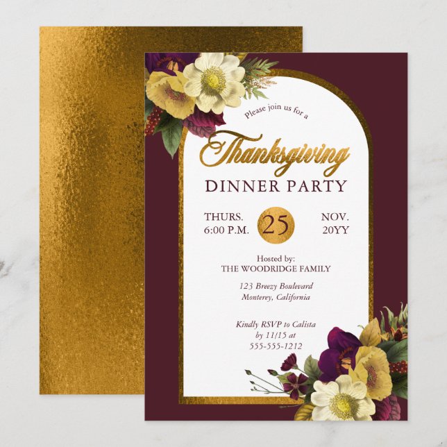 Classy Elegant Guld | Thanksgiving för Burgundisk  Inbjudningar (Fram/baksida)