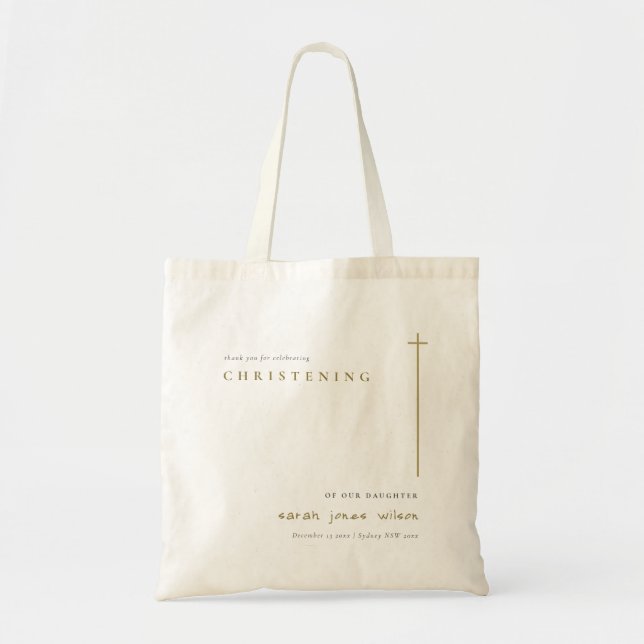 Classy Elegant Minimal Guld Typography Christening Tygkasse (Framsidan)