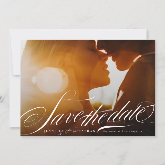 Classy Elegant Navy Blue Calligraphy QR Code Photo Spara Datumet (Framsida)