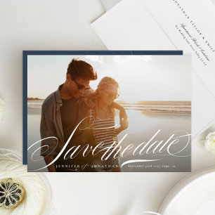 Classy Elegant Navy Blue White Calligraphy Photo Spara Datumet