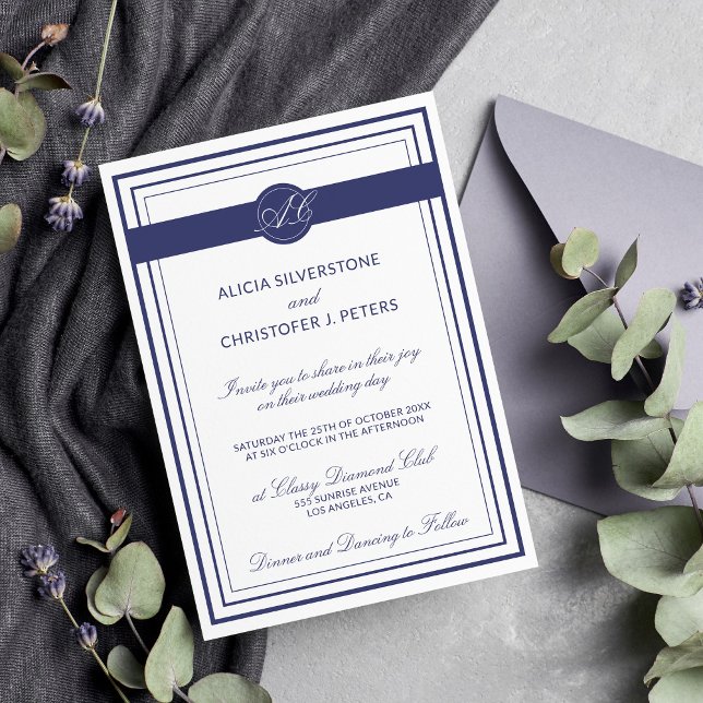 Classy Elegant Navy White Monogrammed Bröllop Inbjudningar (Skapare uppladdad)