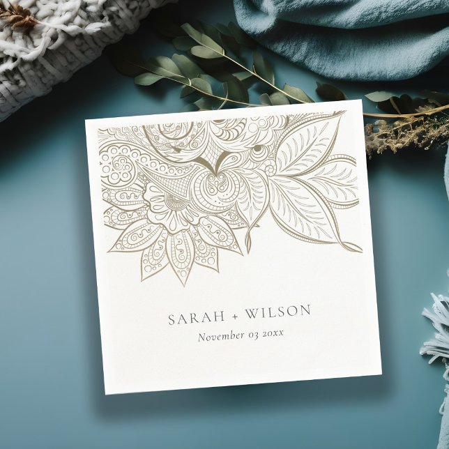 Classy Elegant Ornate Paisley Ivory Guld Bröllop Pappersservett (Skapare uppladdad)