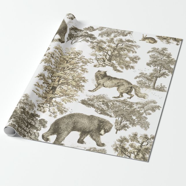 Classy Elegant Rustic Beige Forest Animals Toile Presentpapper (Utrullad)