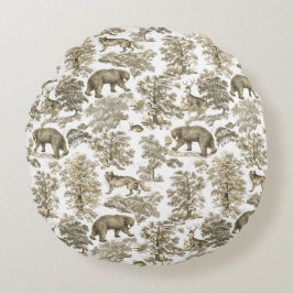 Classy Elegant Rustic Beige Forest Animals Toile Rund Kudde