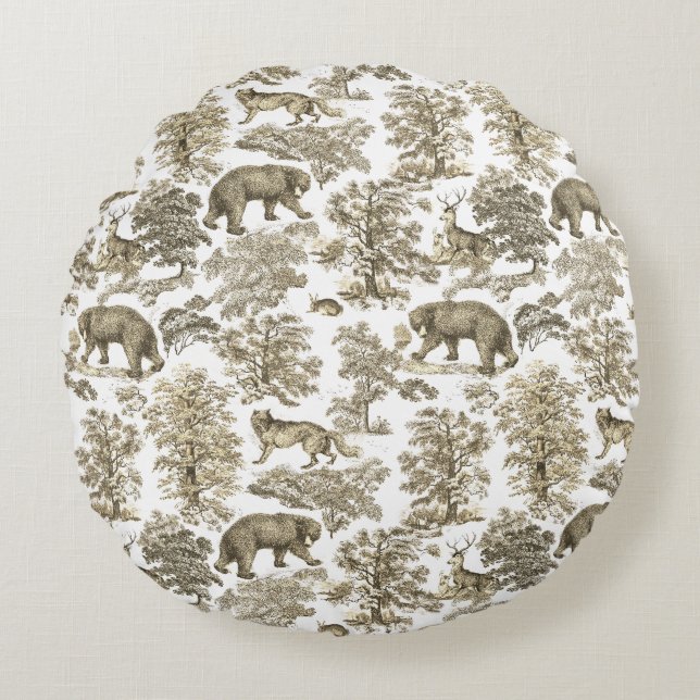 Classy Elegant Rustic Beige Forest Animals Toile Rund Kudde (Framsidan)