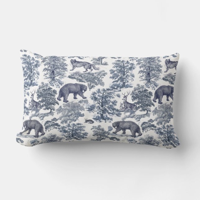 Classy Elegant Rustic Blue Forest Animals Toile Lumbarkudde (Framsida)