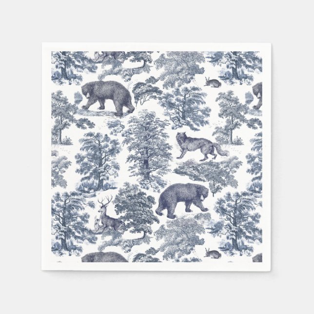 Classy Elegant Rustic Blue Forest Animals Toile Pappersservett (Framsidan)
