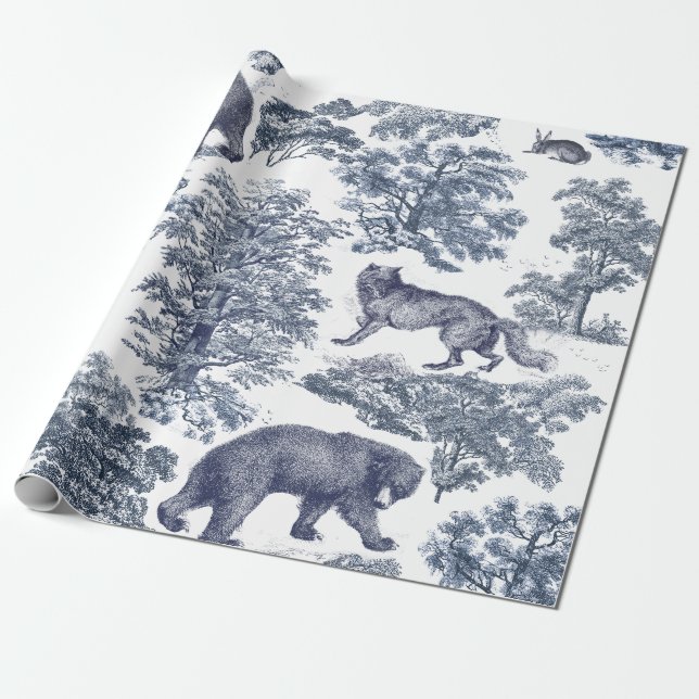 Classy Elegant Rustic Blue Forest Animals Toile Presentpapper (Utrullad)
