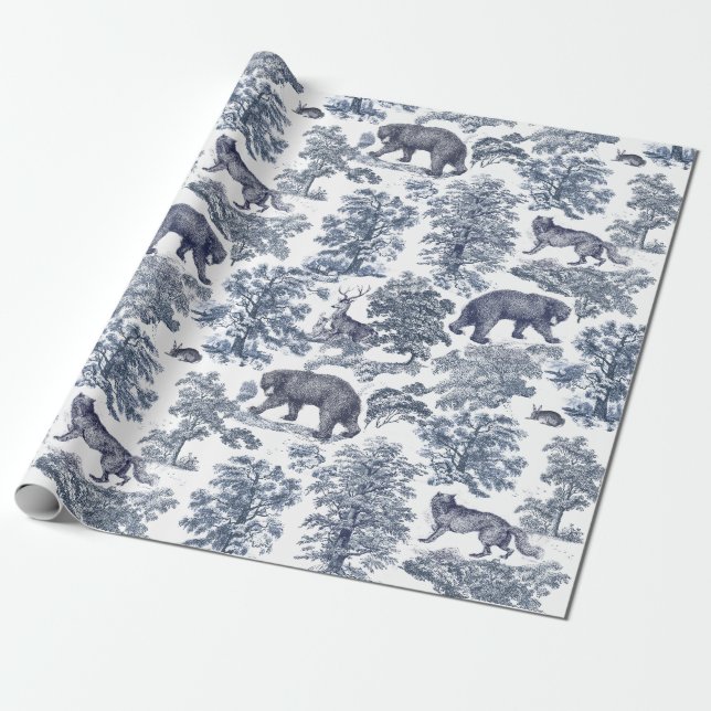 Classy Elegant Rustic Blue Forest Animals Toile Presentpapper (Utrullad)
