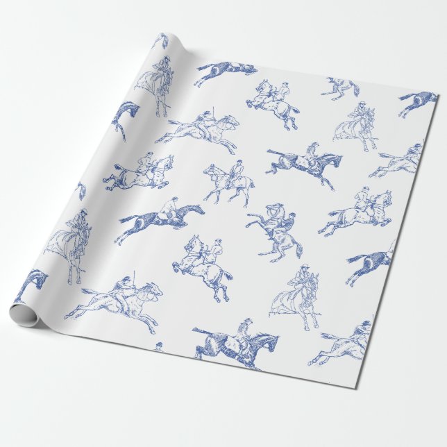 Classy Elegant Rustic Blue Horses Land Toile Presentpapper (Utrullad)