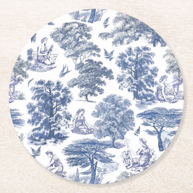 Classy Elegant Rustic Blue Land Toile Underlägg Papper Rund (Framsidan)