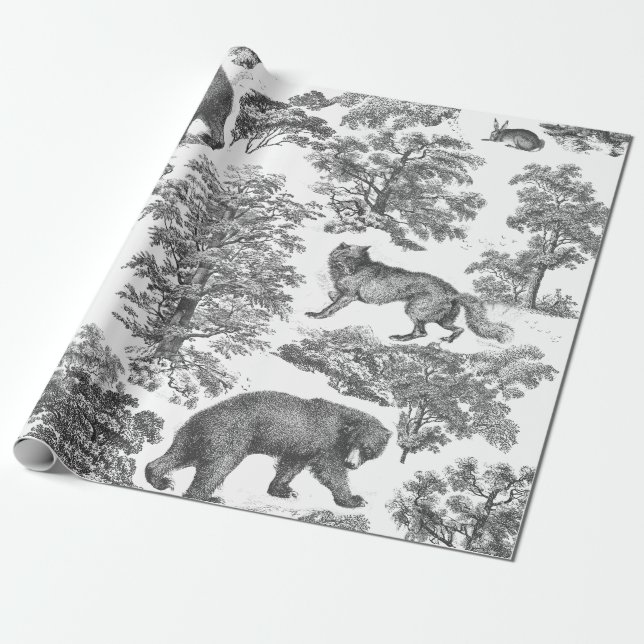 Classy Elegant Rustic Grått Forest Animals Toile Presentpapper (Utrullad)
